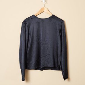 Longsleeve Navy 100% Silk Blouse Button Back 10 - image 1